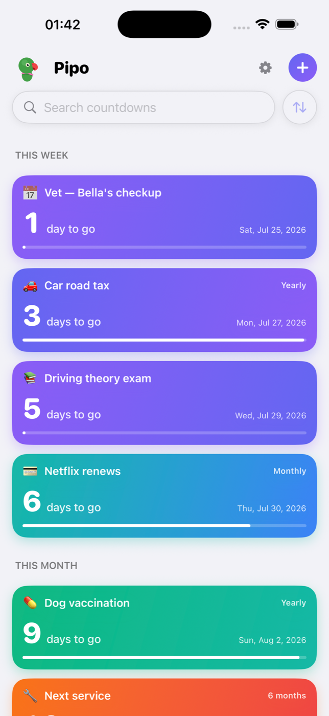 Pipo Countdown — screen 1 of 8